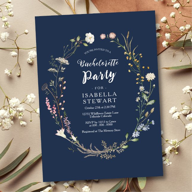 Navy Watercolor Wildflower Bachelorette Party Invitation (Creator Uploaded)