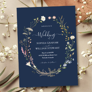 Navy Watercolor Wildflower Theme Boho Wedding Invitation