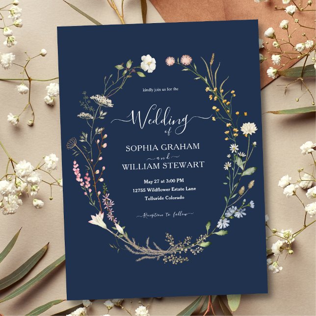 Navy Watercolor Wildflower Theme Boho Wedding Invitation (Creator Uploaded)