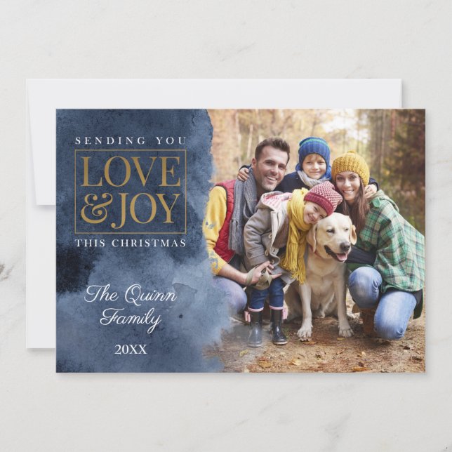 Navy Watercolor with Gold Holiday Card (Front)