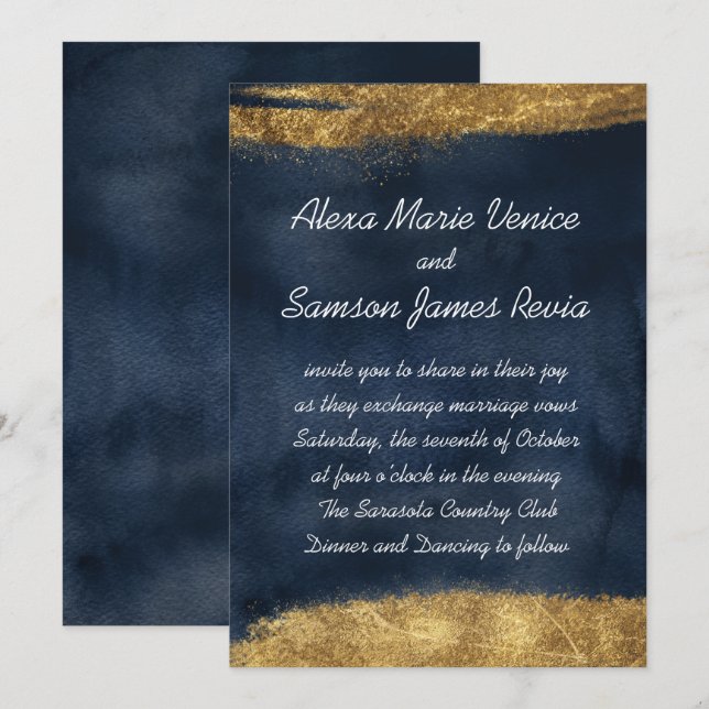 Navy Watercolor with Gold Invitation (Front/Back)