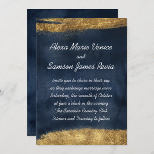 Navy Watercolor with Gold Invitation