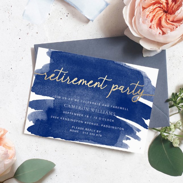 Navy Watercolour Gold Retirement Party Invitation (Creator Uploaded)