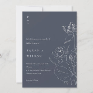 Navy Waterlily Floral Sketch Wedding Invite