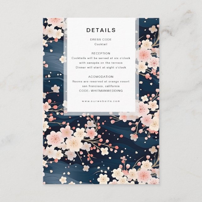 Navy Waves Sakura Blossom Modern Wedding Details Enclosure Card (Front)