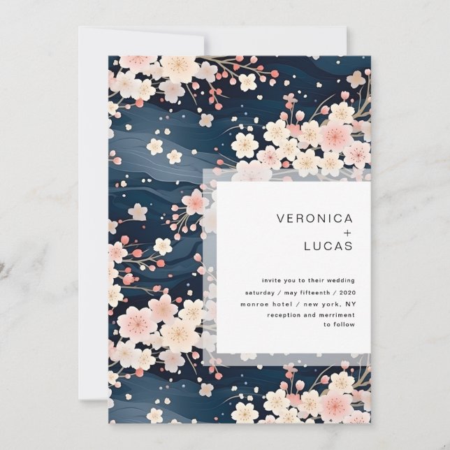 Navy Waves Sakura Blossom Modern Wedding Invitation (Front)