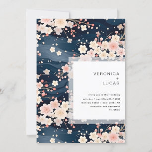 Navy Waves Sakura Blossom Modern Wedding Invitation