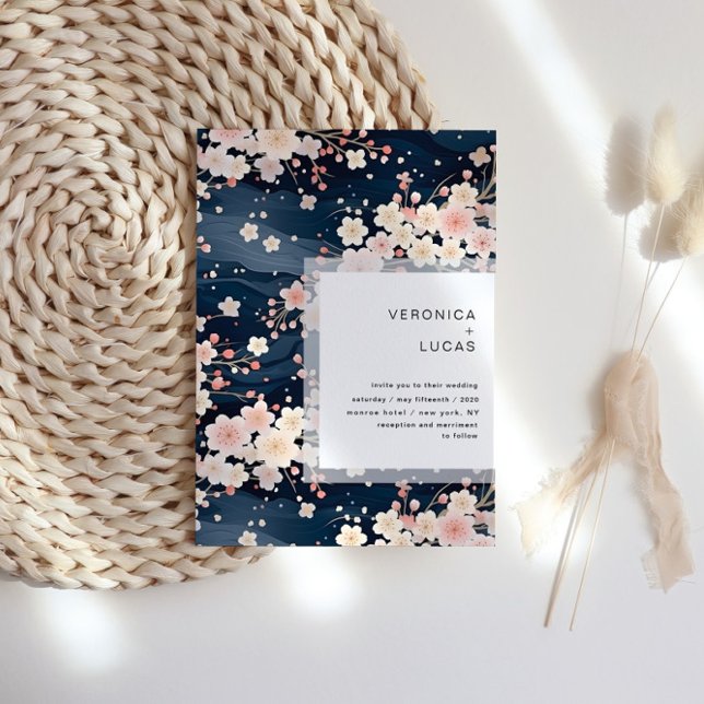 Navy Waves Sakura Blossom Modern Wedding Invitation (Creator Uploaded)