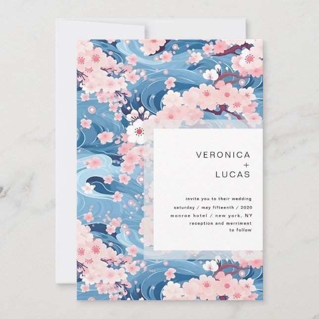 Navy Waves Sakura Blossom Modern Wedding Invitation (Front)