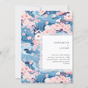 Navy Waves Sakura Blossom Modern Wedding Invitation