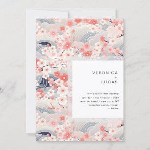 Navy Waves Sakura Blossom Modern Wedding Invitation