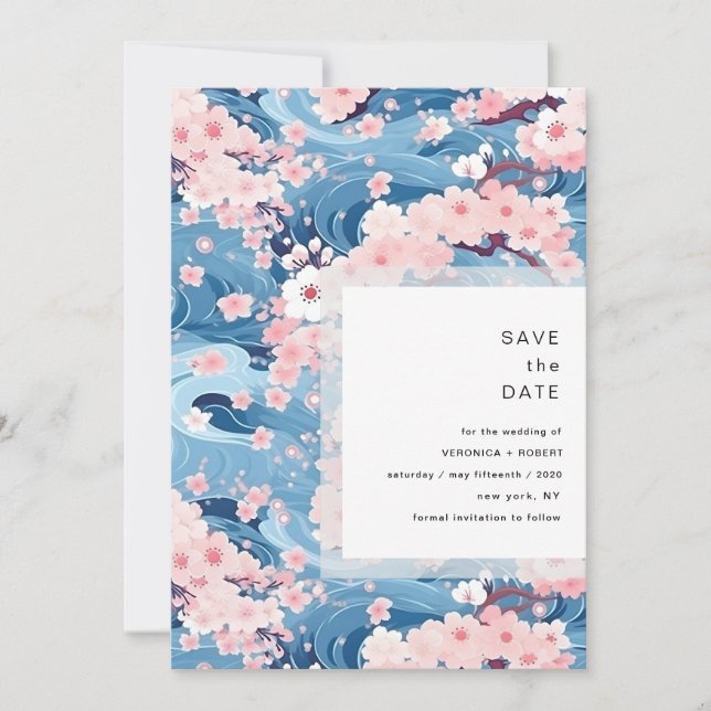 Navy Waves Sakura Blossom Modern Wedding Save The Date (Front)