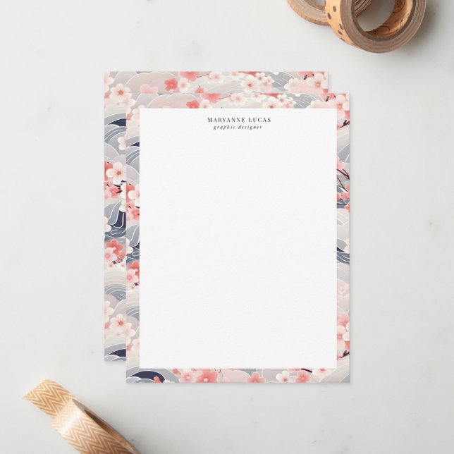Navy Waves Sakura Elegant Floral Card (Front/Back In Situ)