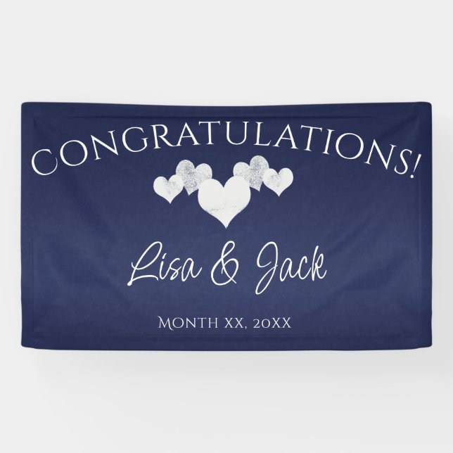 Navy Wedding Banner Elegant White Hearts (Horizontal)