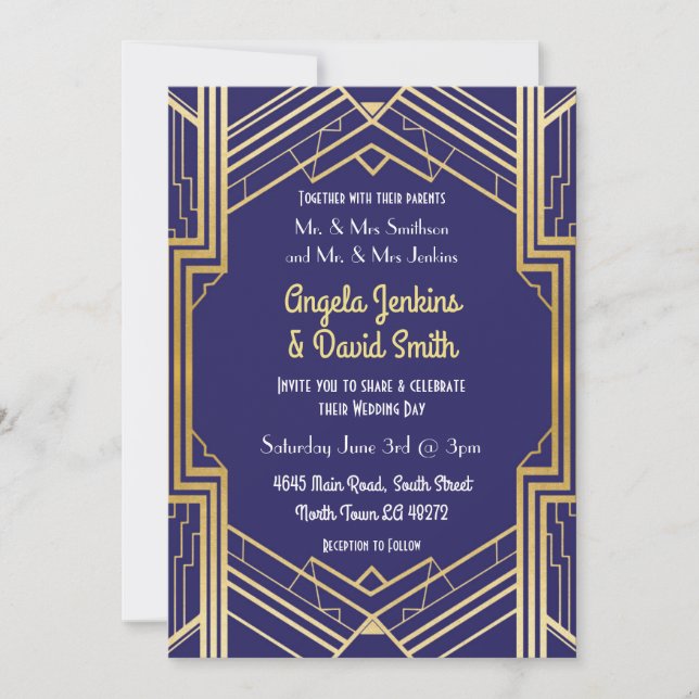 Navy Wedding Invitation 1920's Gold Art Deco (Front)