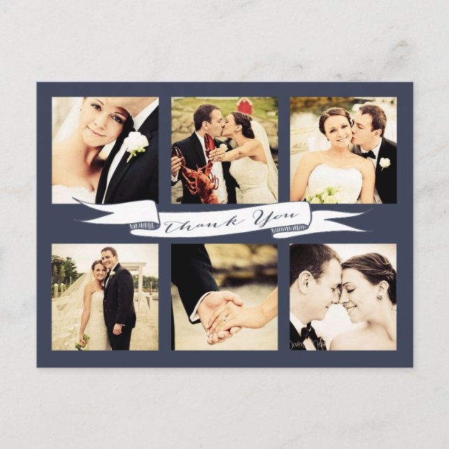 Navy Wedding Thank You Script Typography Photo Postcard (Front)