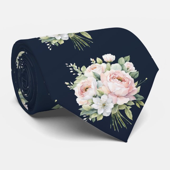 Navy Wedding Tie Pink Peonies (Rolled)