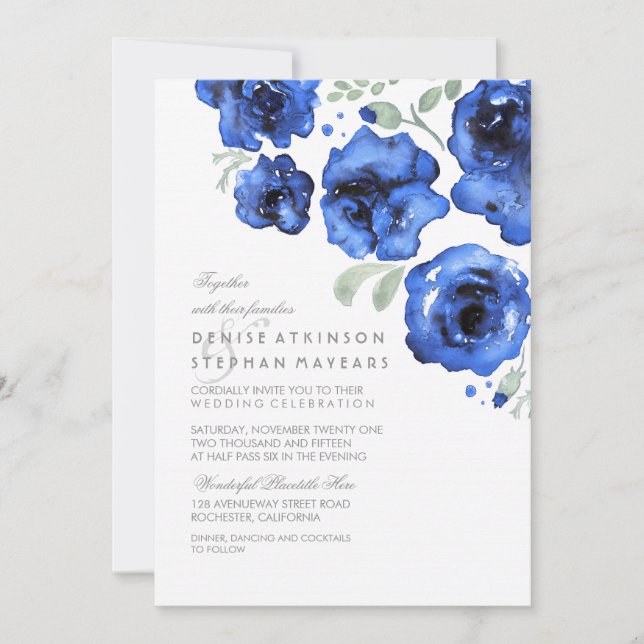 Navy Wedding - Watercolor Roses Invitation (Front)
