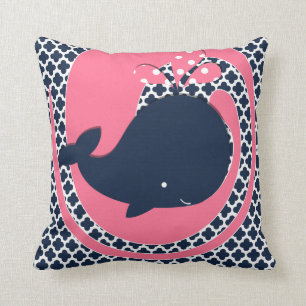 Navy Whale on Pink and Navy Throw Pillow