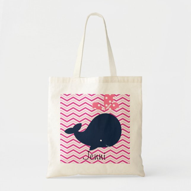 Navy Whale on Pink Chevron Stripes Custom Bag (Front)