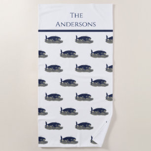 Navy Whale Watercolor Blue Vintage Nautical Beach  Beach Towel