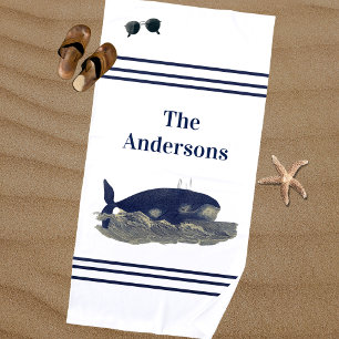 Navy Whale Watercolor Blue Vintage Nautical Beach Towel