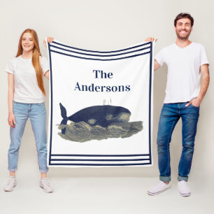 Navy Whale Watercolor Blue Vintage Nautical  Fleece Blanket