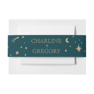 Navy Whimsical Gold Stars Moon Astronomy Wedding  Invitation Belly Band
