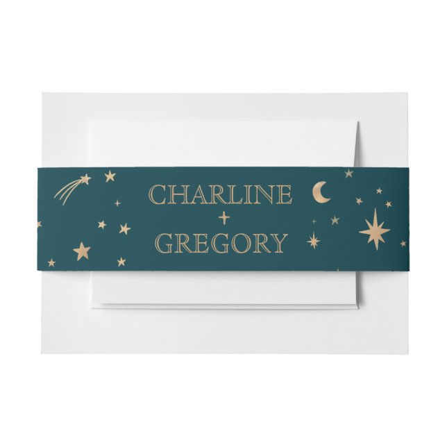 Navy Whimsical Gold Stars Moon Astronomy Wedding  Invitation Belly Band (Front Example)