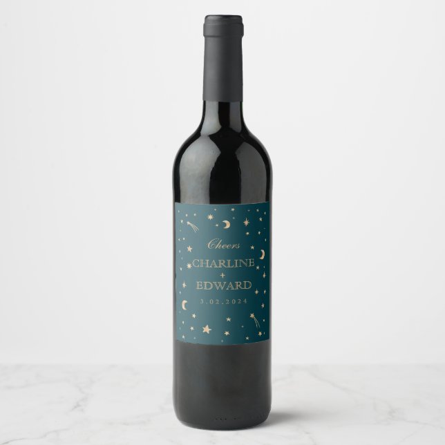 Navy Whimsical Gold Stars Moon Astronomy Wedding  Wine Label (Front)