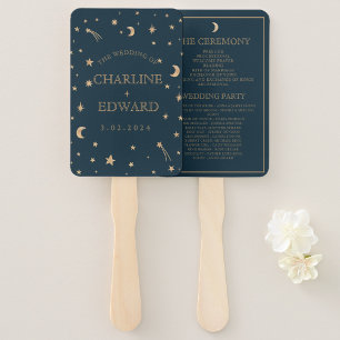 Navy Whimsical Gold Stars Moon Programs Wedding Hand Fan