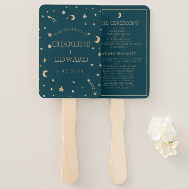 Navy Whimsical Gold Stars Moon Programs Wedding  Hand Fan (Creator Uploaded)