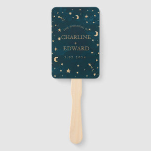 Navy Whimsical Gold Stars Moon Programs Wedding Hand Fan