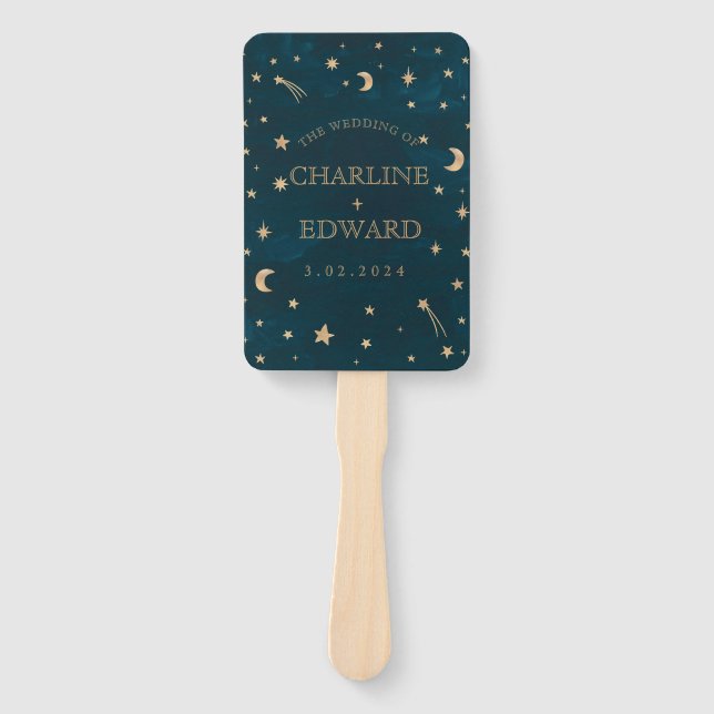 Navy Whimsical Gold Stars Moon Programs Wedding  Hand Fan (Front)