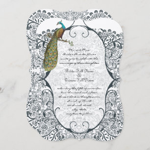 Navy Whimsical Peacock Love Bird Pattern Wedding Invitation