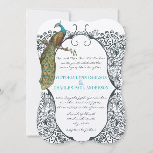Navy Whimsical Peacock Love Bird Pattern Wedding Invitation