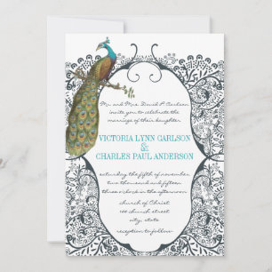 Navy Whimsical  Peacock Love Bird Pattern Wedding Invitation