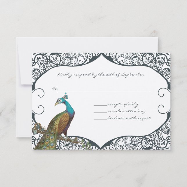 Navy Whimsical Peacock Love Bird RSVP (Front)