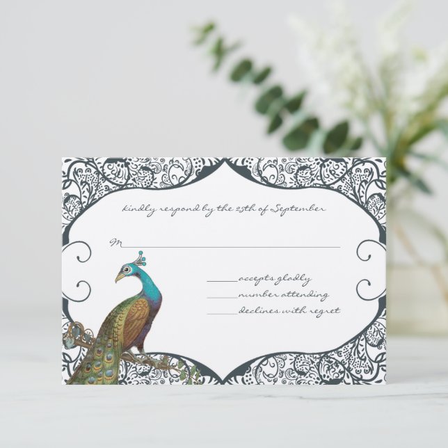 Navy Whimsical Peacock Love Bird RSVP (Standing Front)