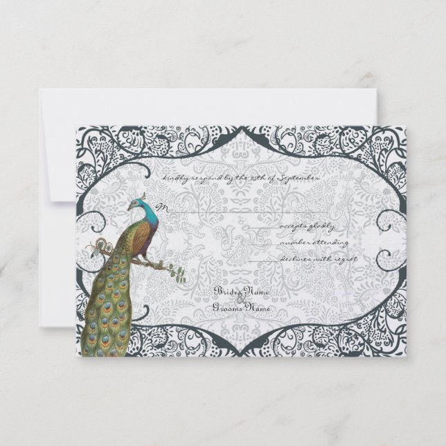 Navy Whimsical Peacock Love Bird RSVP (Front)
