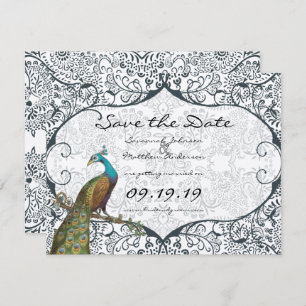 Navy Whimsical Peacock Love Bird Save the Date