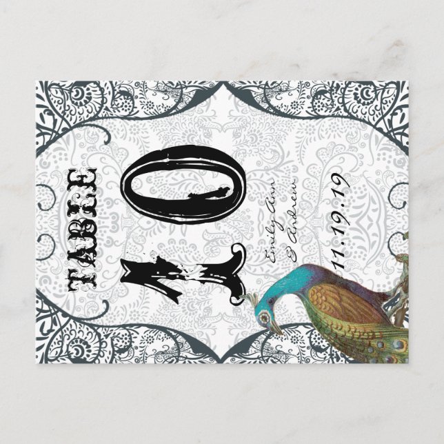 Navy Whimsical Peacock Love Bird Table Number Postcard (Front)