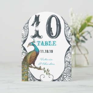 Navy Whimsical Peacock Love Bird Wedding Table No. Invitation