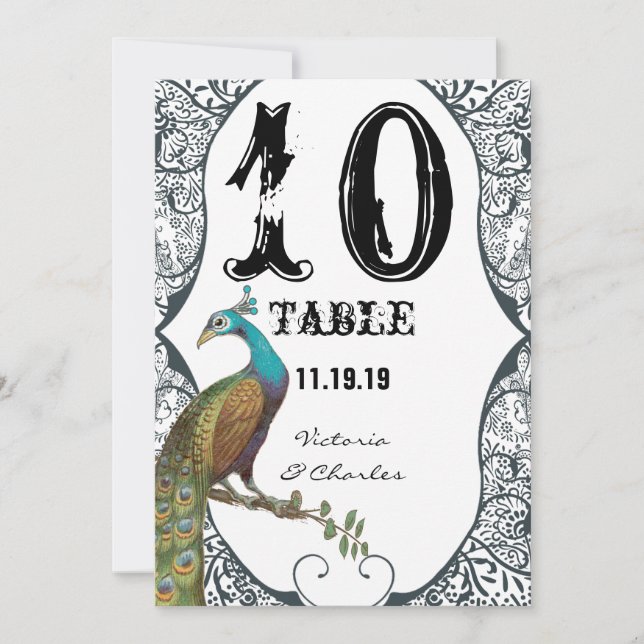 Navy Whimsical Peacock Love Bird Wedding Table No. Invitation (Front)