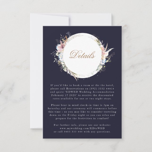 Navy Whimsical Wreath Bohemian Wedding Enclosure RSVP Card (Front)