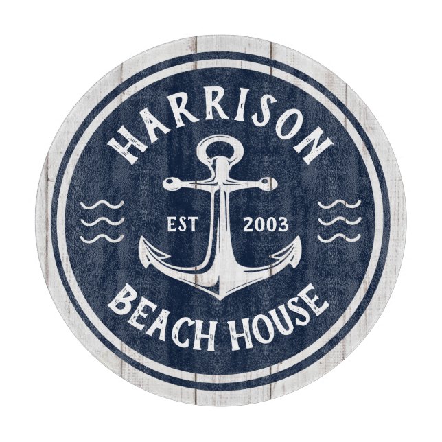 Navy White Anchor Nautical Family Name Beach House Cutting Board (Front)