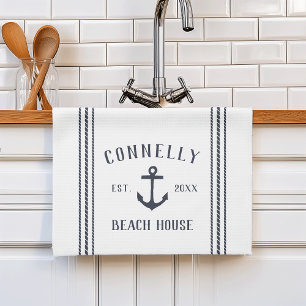 Navy & White Anchor Personalised Beach House Tea Towel