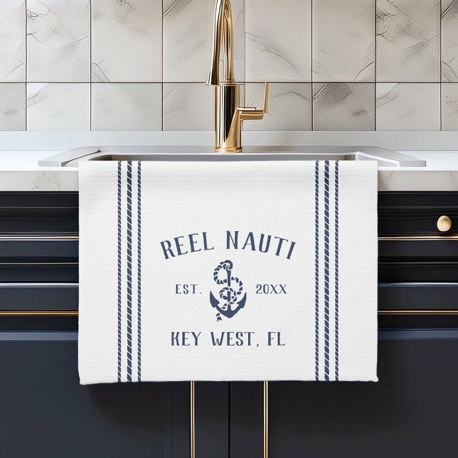 Navy & White Anchor Personalised Boat Name Tea Towel (Creator Uploaded)