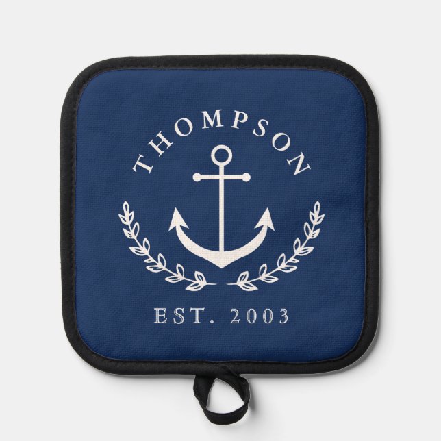 Navy White Anchor Wreath Nautical Name & Year Est Pot Holder (Front)