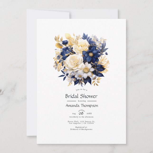 Navy, White, and Gold Floral Bridal Shower Invitation (Front)